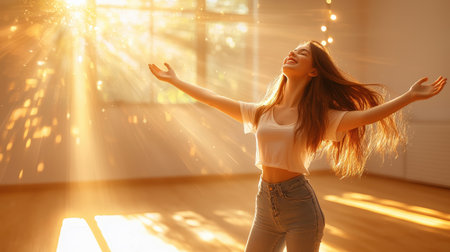 A young woman dancing freely in an empty room, smiling and expressing joy, symbolizing liberation from mental health struggles.の素材