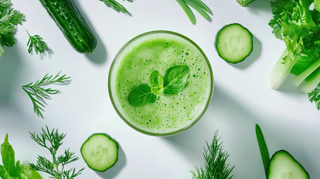 Close-up of a green detox juice in a glass, surrounded by fresh herbs and vegetables, perfect for a health-conscious sceneの素材