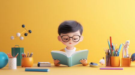 A young student with glasses sitting at a desk, reading a textbook with concentration, surrounded by school supplies.の素材