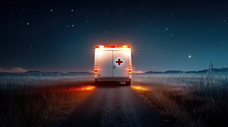 Nighttime view of an ambulance parked on a dark rural road, the only light coming from the vehicles flashing sirens.の素材