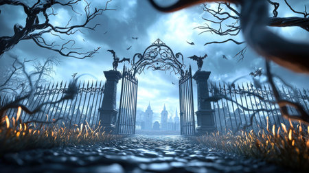 A Gothic Halloween background featuring a black wrought-iron gate, thorny vines, and crumbling stone statues in a haunted graveyard setting.の素材