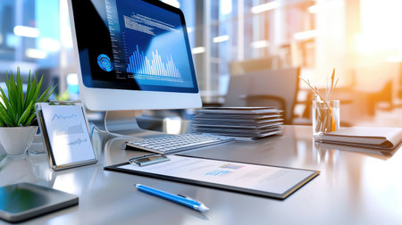 A professional office setup with a desktop computer, stacks of reports, and a notepad, highlighting a busy workday environment.の素材