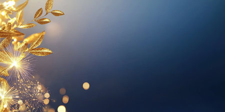 A glowing border of gold sparkles and fireworks against a midnight blue backdrop, framing a New Year's celebration.の素材