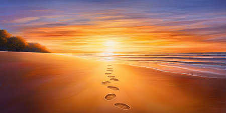 A vibrant sunrise over a 2025 beach, with golden hues reflecting on the water and footprints trailing along the wet sand, evoking a peaceful morning.の素材