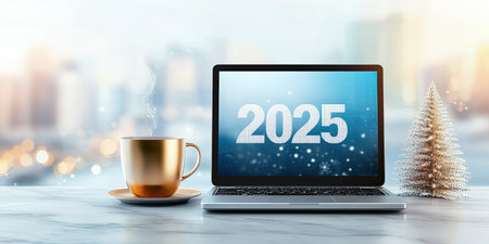 A laptop screen displaying a digital 2025 New Year's Resolution planner, with goals for health, productivity, and travel, accompanied by a cup of coffee.の素材