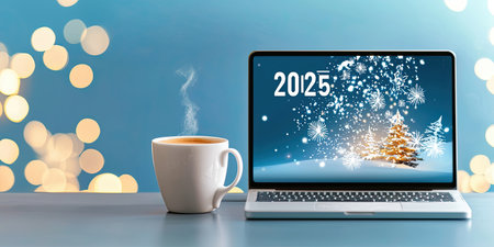 A laptop screen displaying a digital 2025 New Year's Resolution planner, with goals for health, productivity, and travel, accompanied by a cup of coffee.の素材