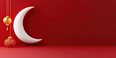 Minimalistic Lunar New Year 2025 background featuring a crescent moon, red lanterns, and gold accents on a sleek red backdrop. Ample space for text.の素材