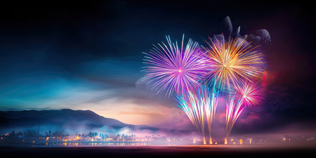 Celebratory New Year fireworks bursting in the night sky, casting colorful lights over a city silhouette.の素材