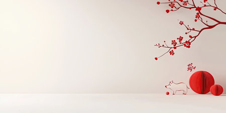 A minimalist Chinese New Year banner with red paper-cut art, featuring a simple design of a zodiac animal and traditional greetings.の素材
