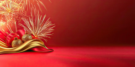 Elegant 2025 Chinese New Year design featuring gold Chinese characters and fireworks bursting over a red silk-textured background. Ample copy space for greetings.の素材