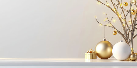 A modern holiday decor setup with minimalist golden lights, sleek ornaments, and a clean, festive aesthetic.の素材