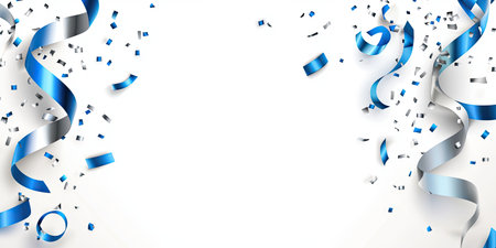 Elegant silver and blue confetti falling along the sides, with space for text in the center, creating a New Year's celebration border.の素材