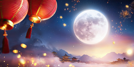 Festive Lunar New Year background with traditional red lanterns, golden fireworks, and a glowing moon, celebrating 2025 with ample room for greetings or messages.の素材