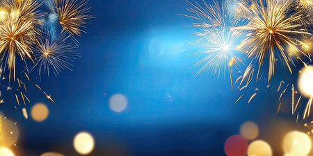 Fireworks in shades of blue, gold, and red framing the borders of the image, perfect for holiday celebrations.の素材