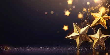 Golden glitter stars forming a luxurious border around a dark background with subtle light sparkles.の素材