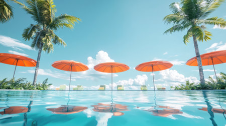 Poolside with vibrant umbrellas, tropical plants, and clear blue water reflecting the bright summer sky, creating a relaxing vacation vibe.の素材