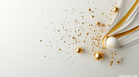 Simple "Happy New Year" in elegant calligraphy with golden sparkles on a clear background for greeting cards.の素材