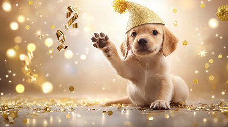 Playful puppy with a New Years hat and golden confetti around, celebrating the arrival of the New Year.の素材