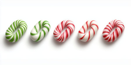 Red and green candy cane-shaped Christmas ornaments arranged on a white background, great for adding a touch of holiday sweetness.の素材