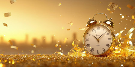 New Year's Eve 2025 countdown clock surrounded by golden confetti and lights, against a sparkling gold background.の素材