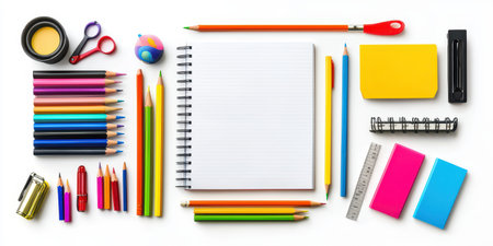 Set of equipment for learning, consisting of pencils, pens, erasers, rulers, rulers, scissors, notebooks, blank books, arranged neatly with a white background.の素材