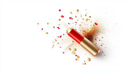 Red and gold firecracker bundle, bursting with confetti and sparkles, for celebratory designs.の素材