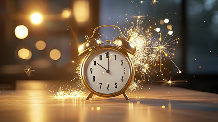 Vintage clock showing midnight with sparkles and golden fireworks, representing the New Years Eve countdown.の素材