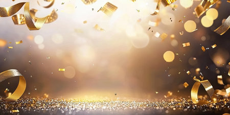 Subtle golden sparkles and confetti scattered over a soft-focus midnight background for a simple and elegant New Year's wallpaper.の素材