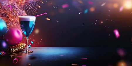 Vibrant New Year's Eve flyer template with colorful confetti, fireworks, and bold, festive text on a dark background.の素材