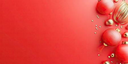 Vibrant 2025 Chinese New Year background with glowing red lanterns, gold accents, and traditional symbols on a festive red backdrop. Includes space for text.の素材