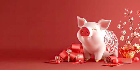 A decorative pig statue with intricate designs, surrounded by red envelopes and traditional Chinese New Year symbols.の素材