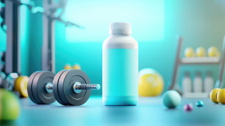 Sports drink bottle on the gym floor, surrounded by weights and exercise gear, ready for post-workout hydration.の素材