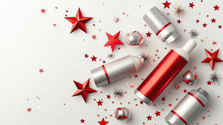 Red and silver firecrackers with shimmering stars for a traditional New Year celebration look.の素材