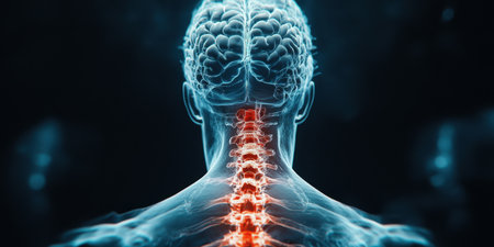 MRI scan of the human body, focusing on the spine and neural pathways, offering a clear view for medical diagnostics.の素材
