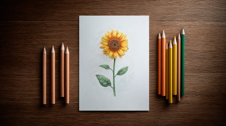 Childs drawing of a sunflower with crayon, playful lines and vibrant colors on white paper with scribblesの素材