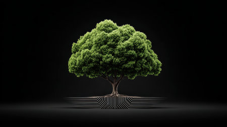 Green circuit tree growing from tech roots, symbolizing sustainable technology and digital growthの素材