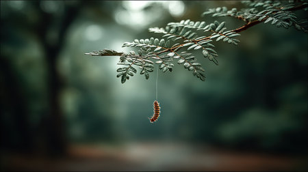 A caterpillar dangling from silk thread mid-air, forest background softly blurred for focusの素材