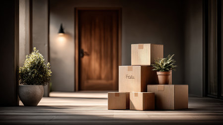 A stack of labeled moving boxes in front of a new homes entrance, sunlight casting shadows and copy space on one sideの素材