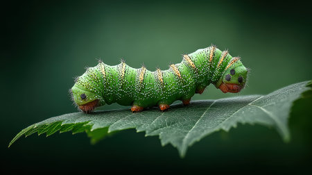 Close-up of a green caterpillar crawling on a fresh leaf, detailed texture and soft natural light with copy spaceの素材
