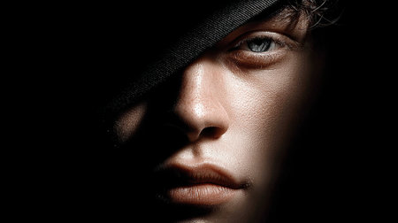 Artistic portrait of a persons face half-covered in shadow, emphasizing mood and mystery with contrastの素材