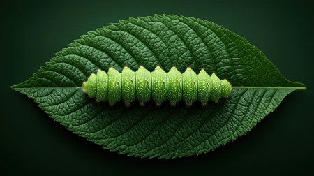 Bright green caterpillar nestled in the veins of a large tropical leaf, top-down view with spaceの素材