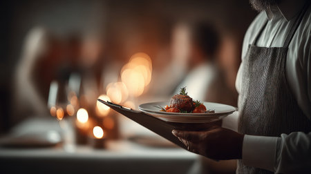 A waiter holding a food menu in a cozy restaurant setting, blurred background of diners and soft ambient lightの素材