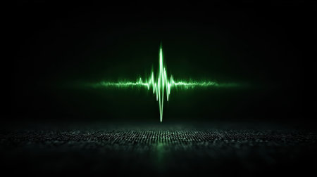 Digital pulse wave in green over abstract matrix background, tech audio or signal conceptの素材
