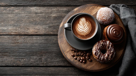 Food flyer template with coffee and desserts combo, rustic wooden background and cozy vibeの素材