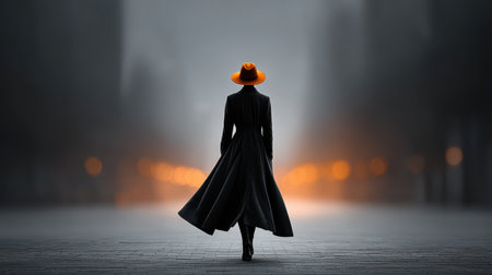 Black coat silhouette standing alone on an empty street, highlighted by soft city lights in the evening.の素材