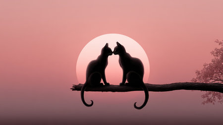 Romantic cat silhouette scene with moonlight and heart-shaped tails, soft pink and purple tones in the backgroundの素材