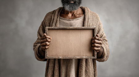 Homeless person holding a cardboard sign on a city street, powerful economic crisis imagery with room for copyの素材