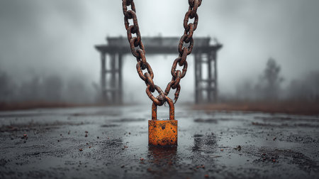 Closed factory gate with chains and lock, industrial job loss representation with somber toneの素材