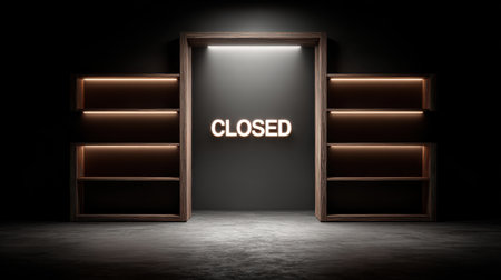 Bankrupt store with closed sign on door and empty shelves, economic downturn theme with copy spaceの素材