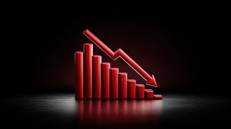 Graph showing downward trend on digital screen with red arrow, crisis concept with space for textの素材